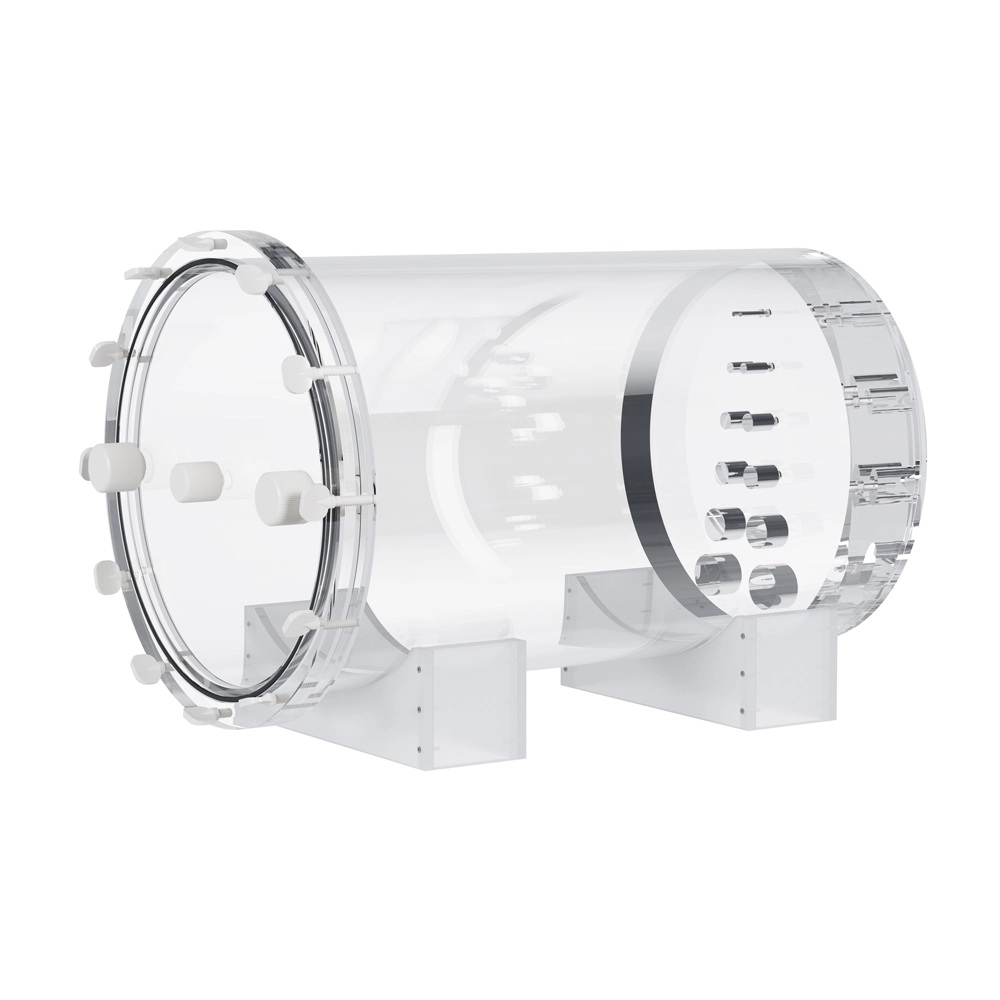 An empty transparent plastic cylinder with a cover attached with multiple thumbscrews, standing horizontally on stands.