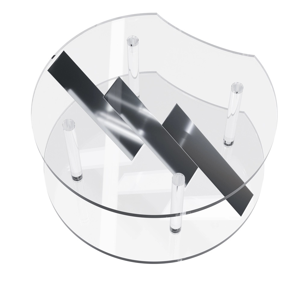 The part consists of two transparent plastic discs with one side cut off, forming an Oreo-like top and bottom, 4 thin cylinders as pillars, and 3 aluminium strips angled at 45°, positioned at the centre and aligned vertically.