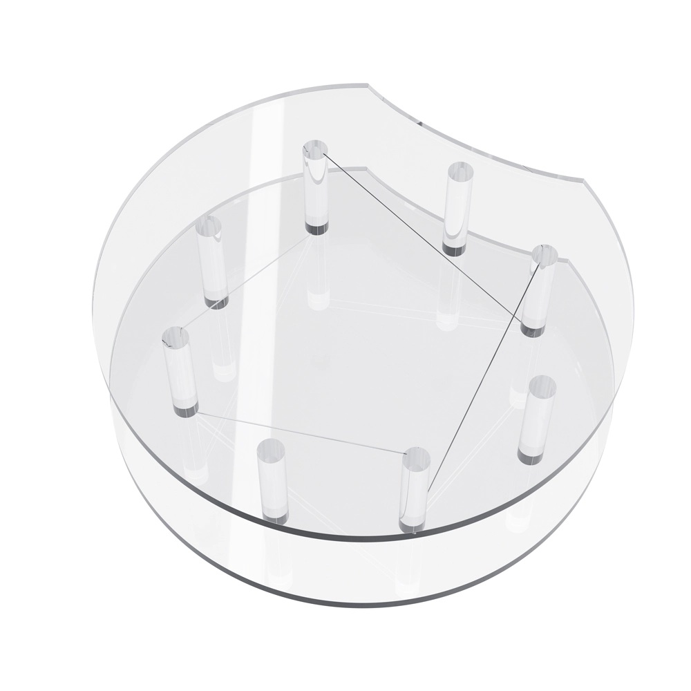 The part consists of two transparent plastic discs with one side cut off, forming an Oreo-like top and bottom, 8 thin cylinders as pillars aligned in a circle, and 2 pairs of aluminium wire ramps.