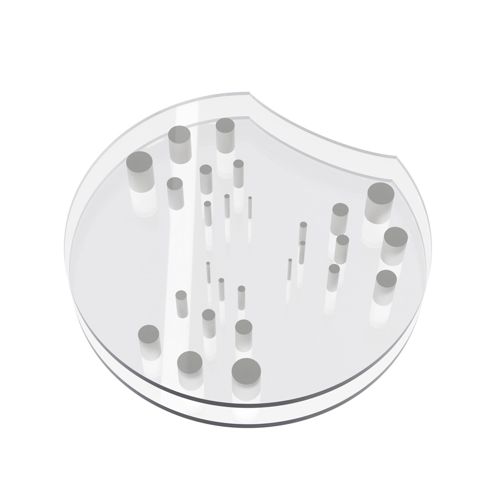 The part consists of two transparent plastic discs with one side cut off, forming an Oreo-like top and bottom, 3 groups containing cylindrical objects with descending diameters aligned in 3 rows of 3.